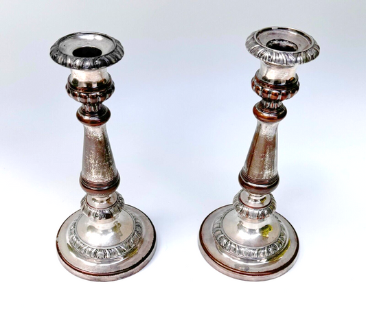 Vintage Georgian Pair Silver Plated Candle Sticks 9 3/8 " (WeP)