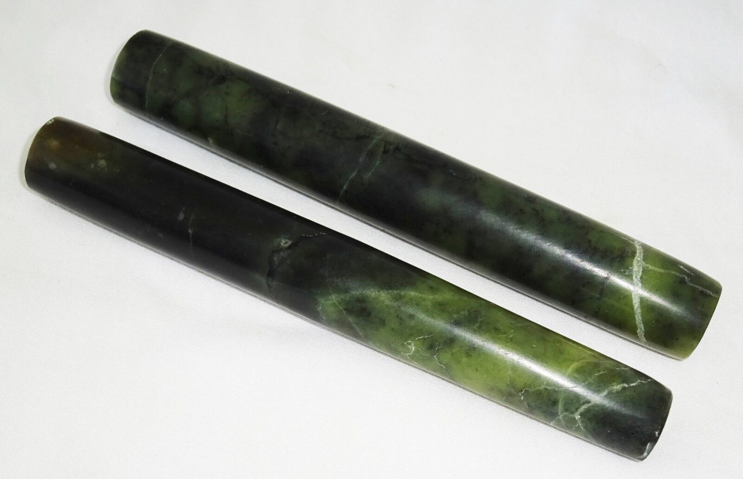 10C Pair Chinese Song Dynasty Large Green Tubular Drilled Jade Beads (Mil)