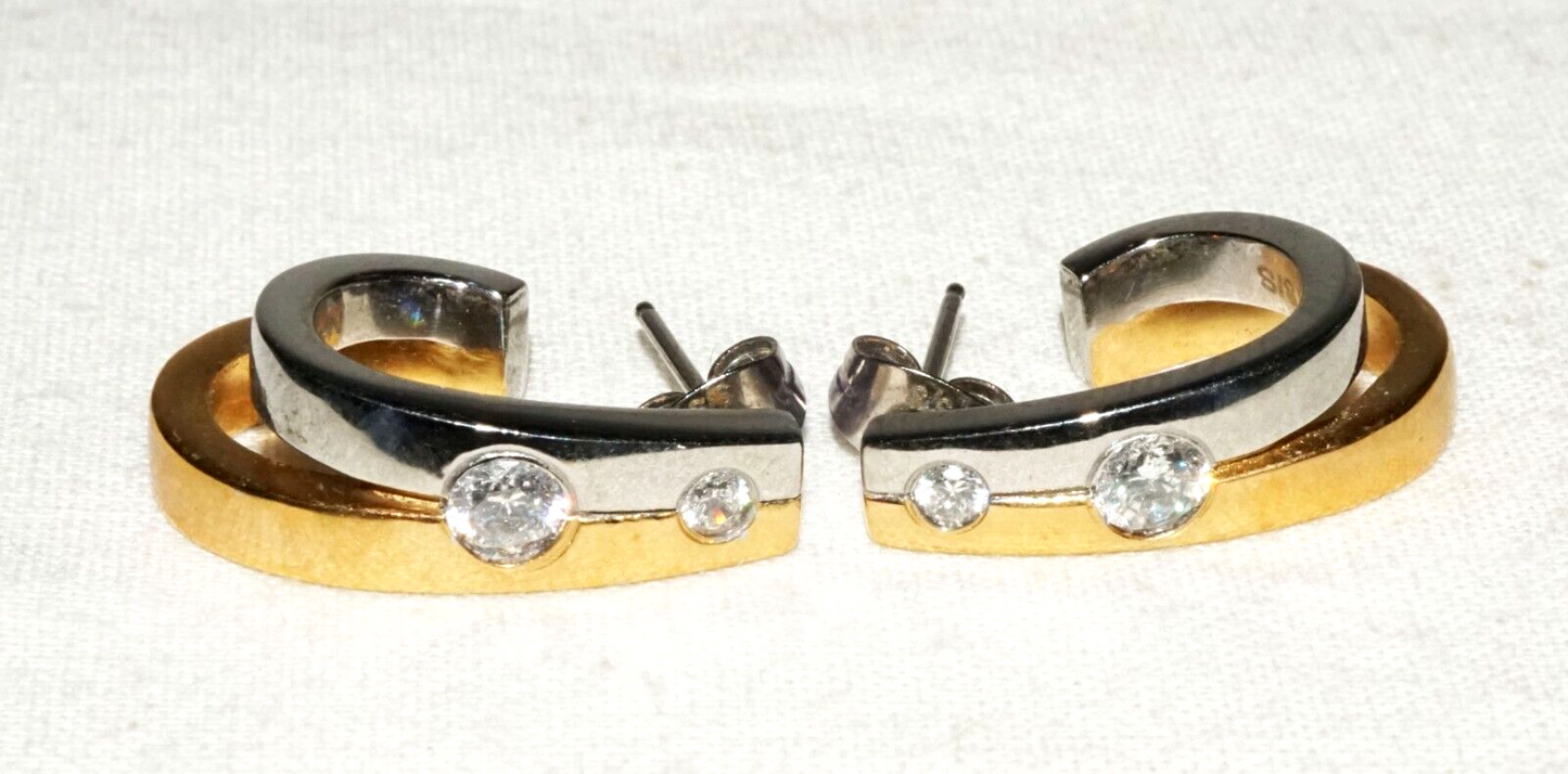 Pair US Modernist Stainless Steel & Cubic Zirconia Earrings (KiL)