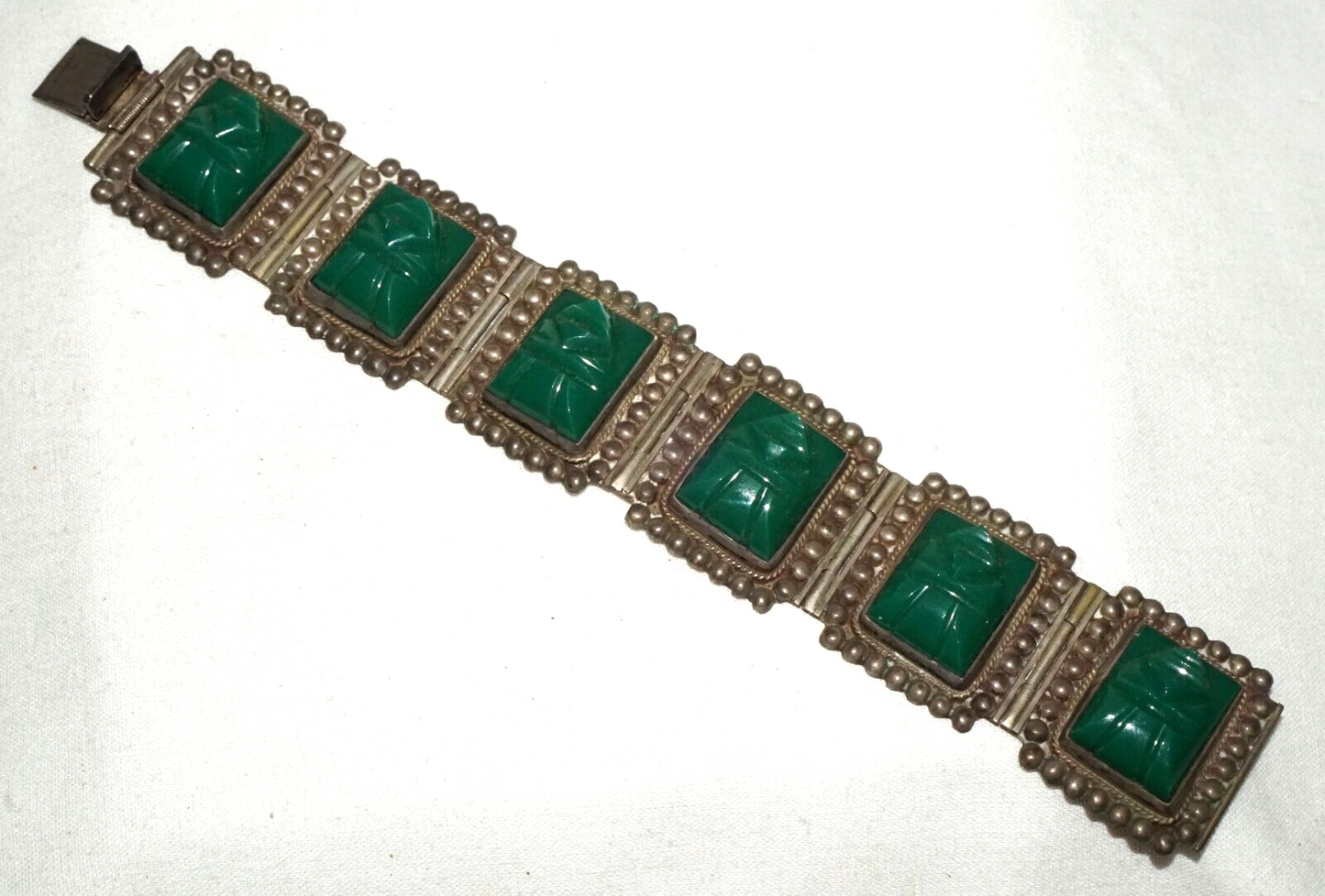 Vtg Mexican Modernist Sterling Silver & Green Synthetic Accents Bracelet (TuD)