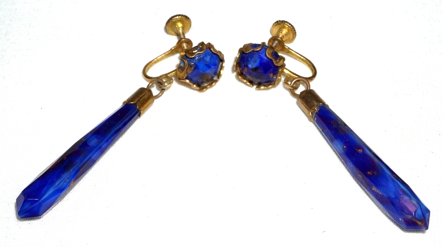 Vintage Yellow Gold Dangle Earrings set w. Blue & Gold Synthetic Accents (***)