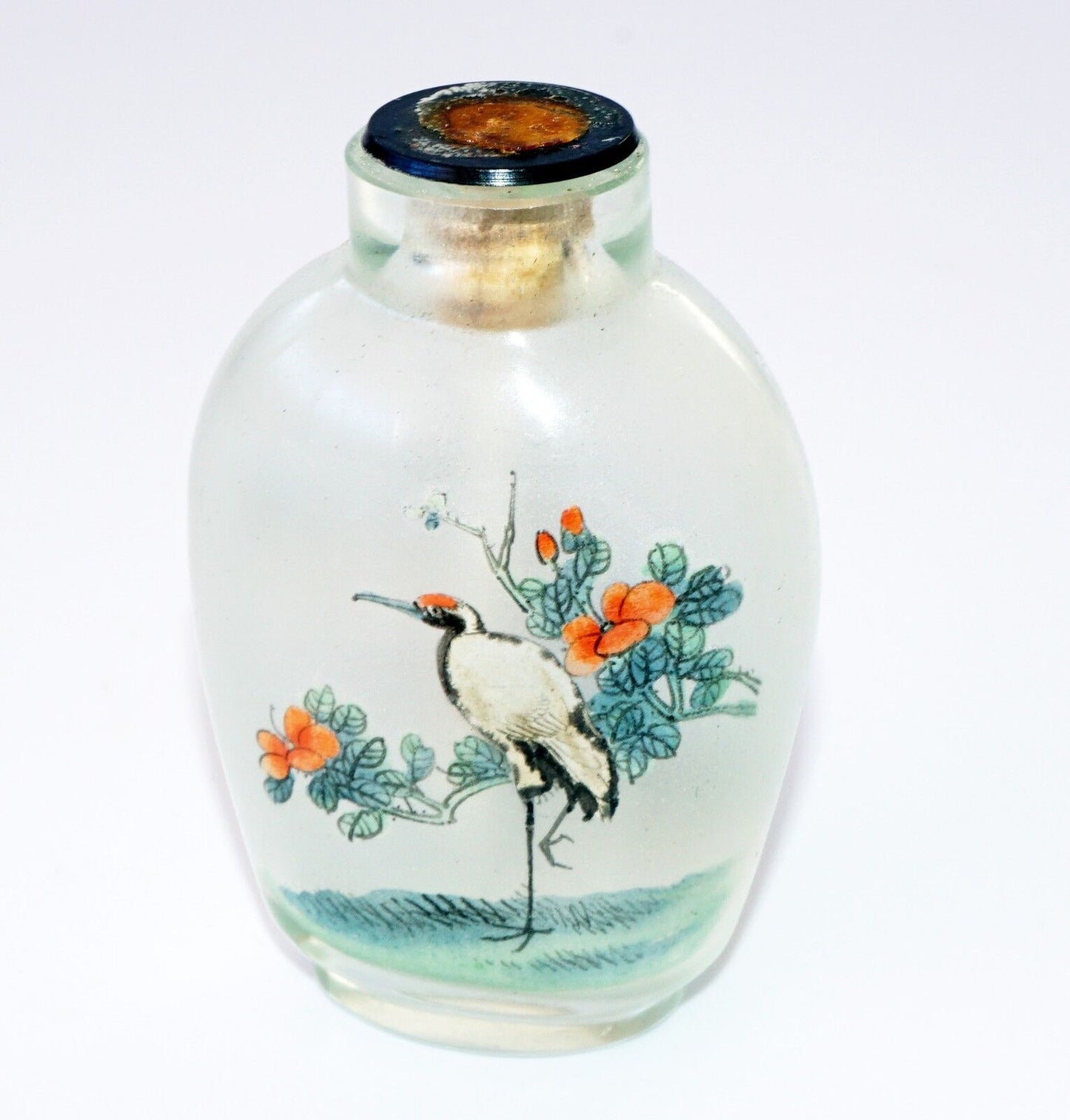 20C Chinese Inside Painted Crane & Landscape Glass Snuff Bottle w. No Stop (Pal)