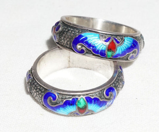 2Pc Chinese Silver & Multicolor Enamel Rings Sz.5 w. Bat Motifs (---)