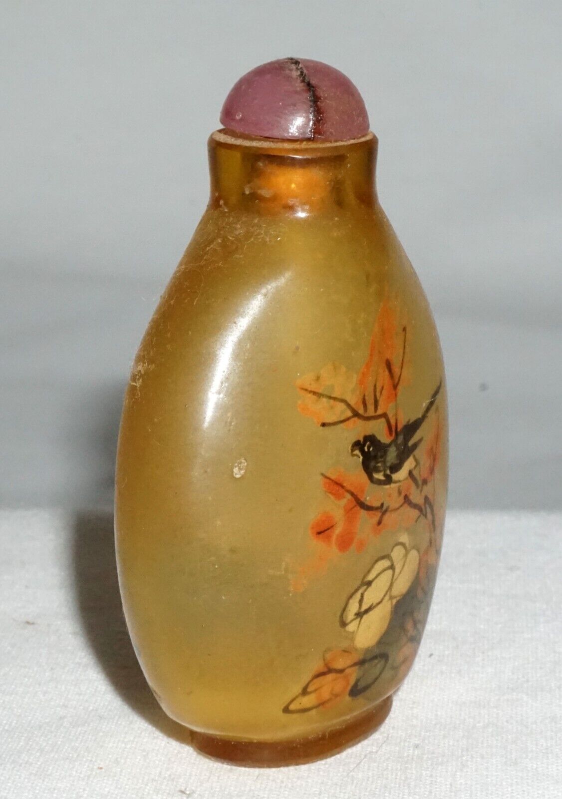 Vtg Chinese Reverse Painted Glass Snuff Bottle w Birds & Insects Motif (LLA) IC