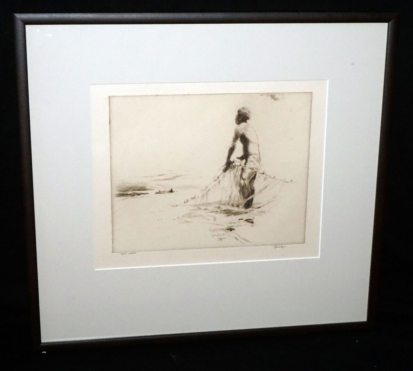 1934 Hawaii Etching Print "Huki" Net Fisherman by John M. Kelly (1879-1962) (+)