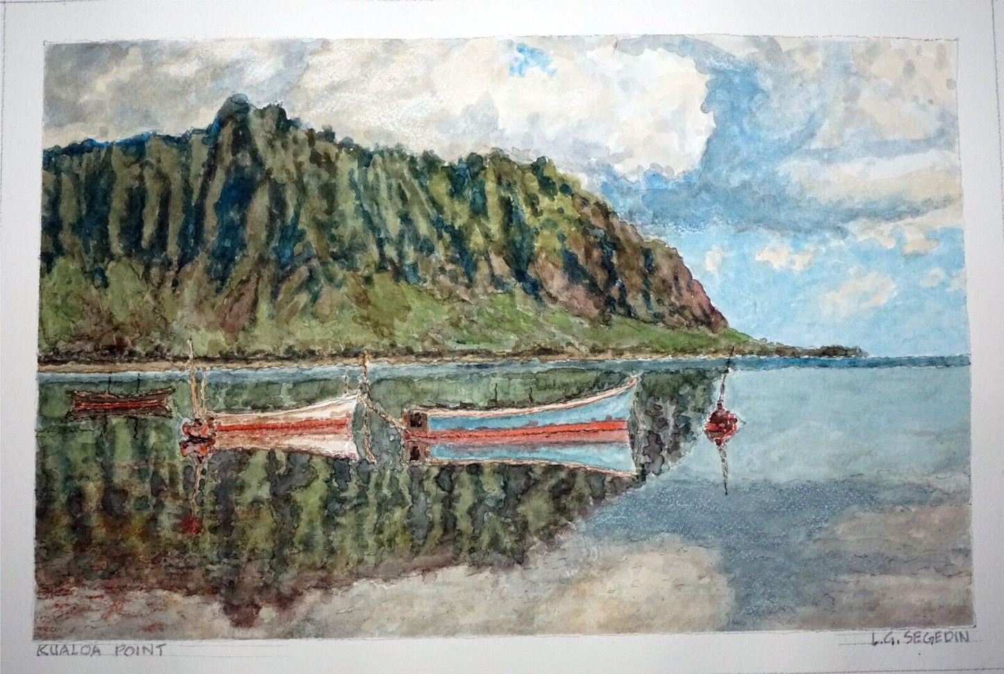 Hawaii Watercolor Painting Kualoa Point with Fishing Boats by Larry Segedin #191