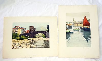 2x 1930s French Travel Color Etchings Prints Alpine & Port Scene signed (Gem)