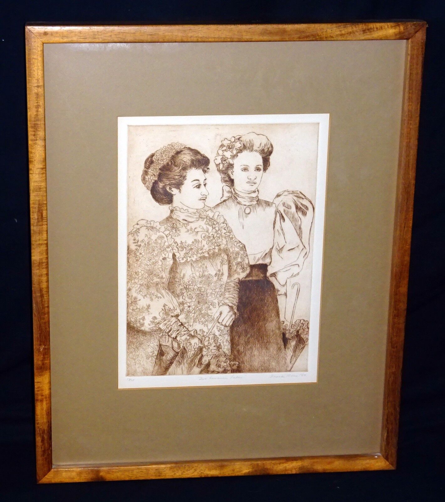 '80 Hawaii Sepia Etching Print 10/175 Two Hawaiian Ladies by Franki Morris (Wil