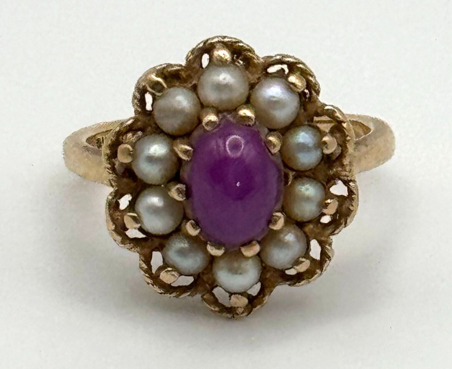 Vintage 14k Yellow Gold Ring Sz.6 w. a Ruby Cabochon & 10x Pearls (NeW)