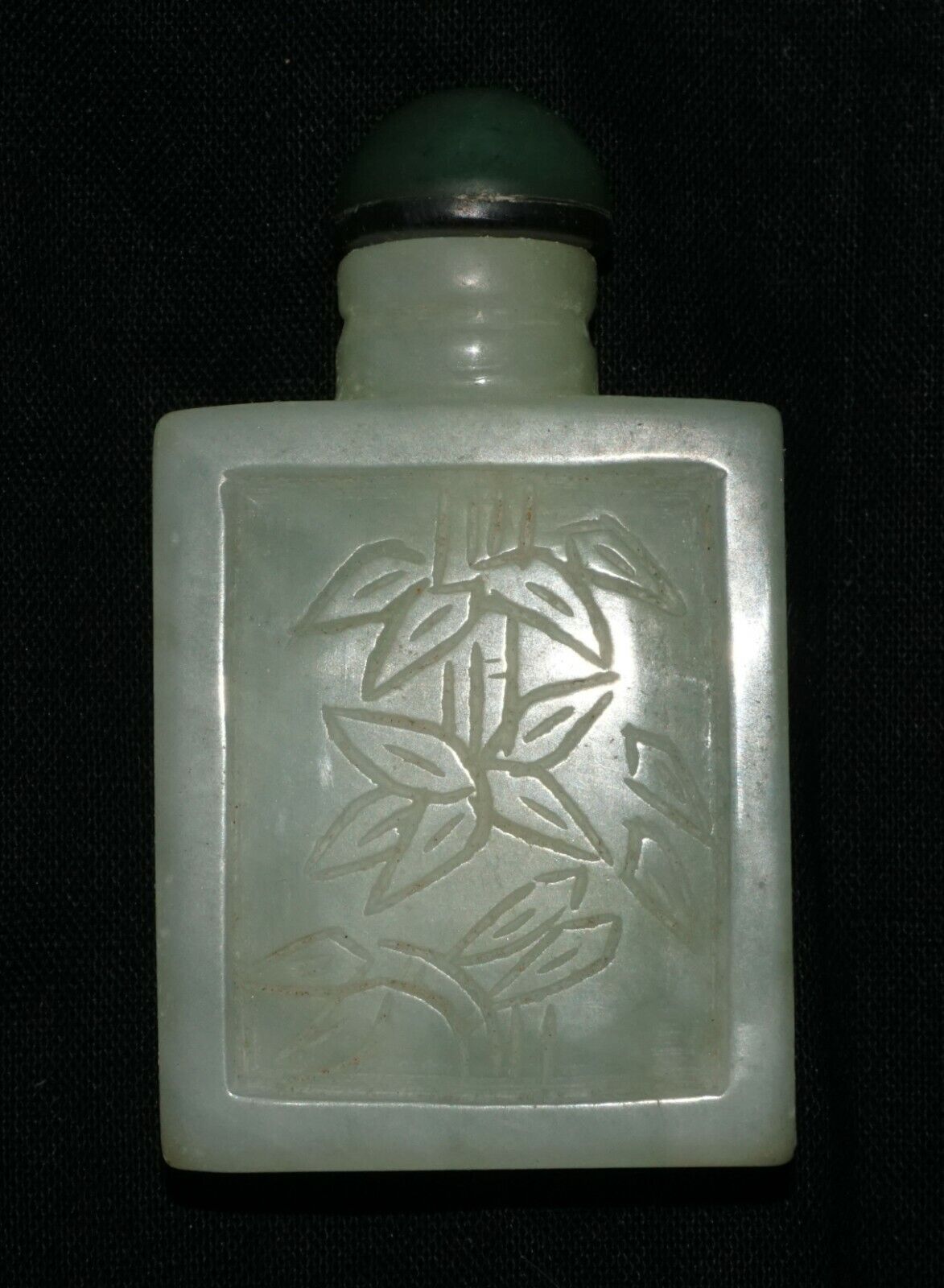 Vintage Chinese Jade Carved Snuff Bottle w. Bamboo Motif & Jade Stopper (LeS) G2