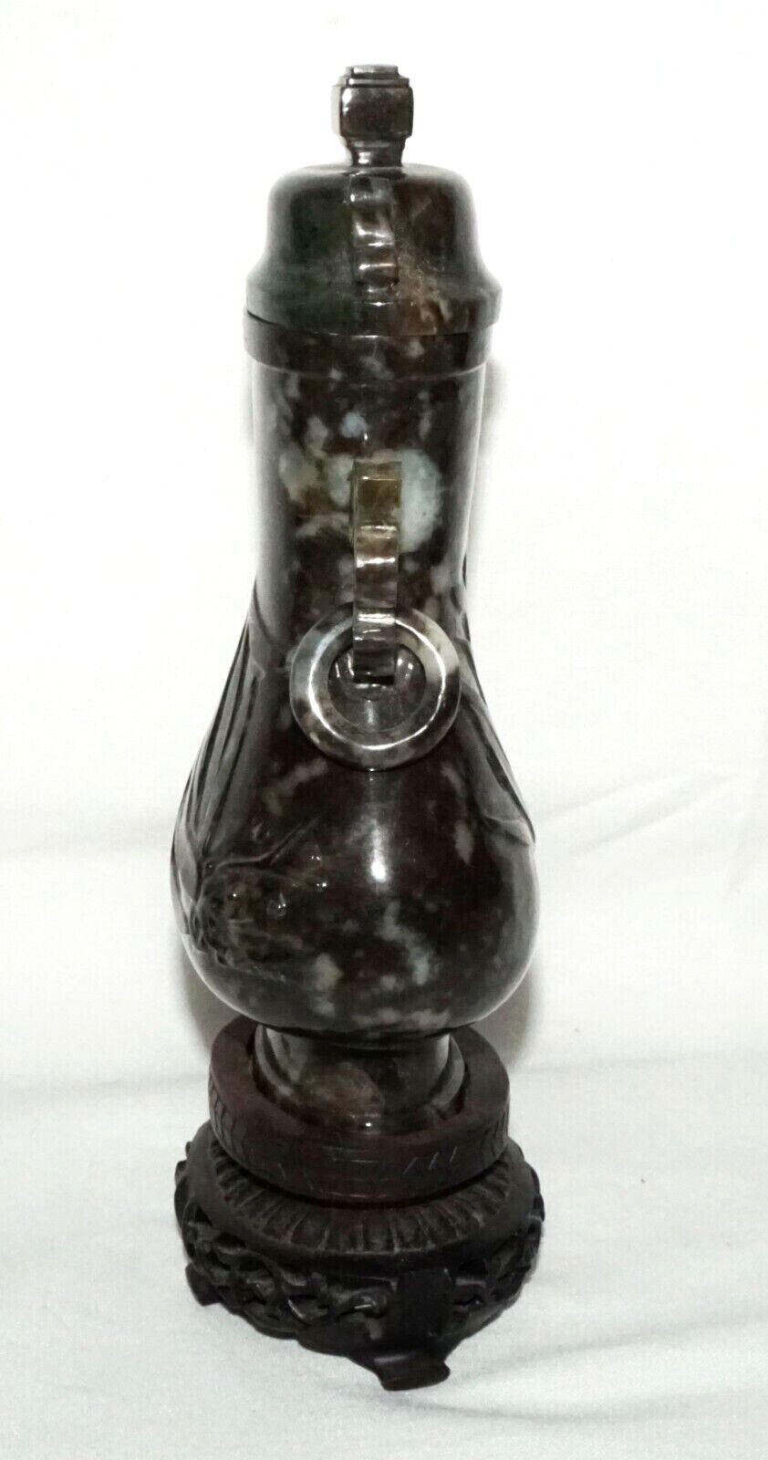 Vintage Chinese Mottled Black Jadeite Jade Baluster Covered Vase on Stand (LeD)