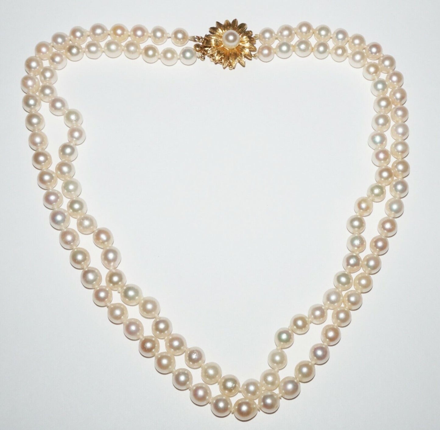 Vtg Chinese Double Strand Pearl Necklace w. Yellow Gold Flower Clasp (NaD)#17b