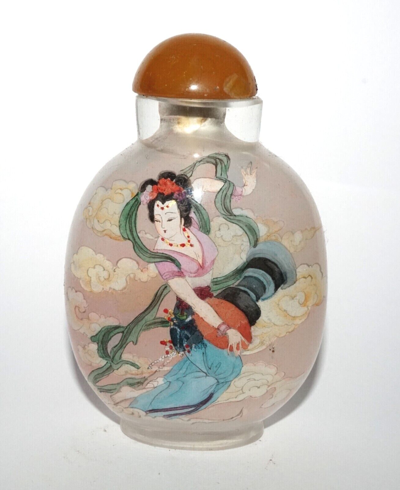 Vintage Chinese Reverse Painted Glass Snuff Bottle w Woman Motifs (LeS) G12