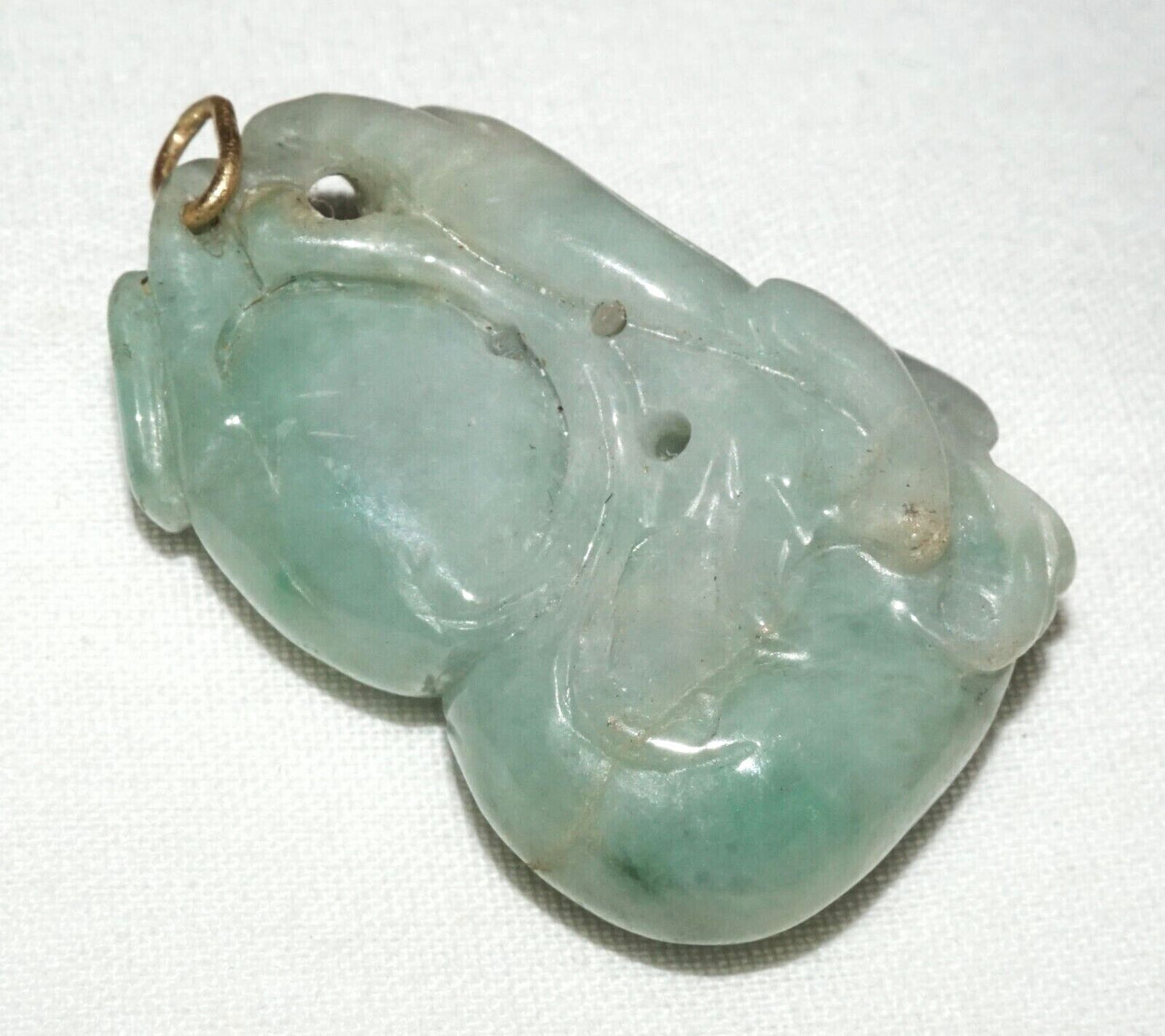 Vintage Chinese Double Gourd & Feline Motif Jadeite Jade Carved Pendant (AHB)