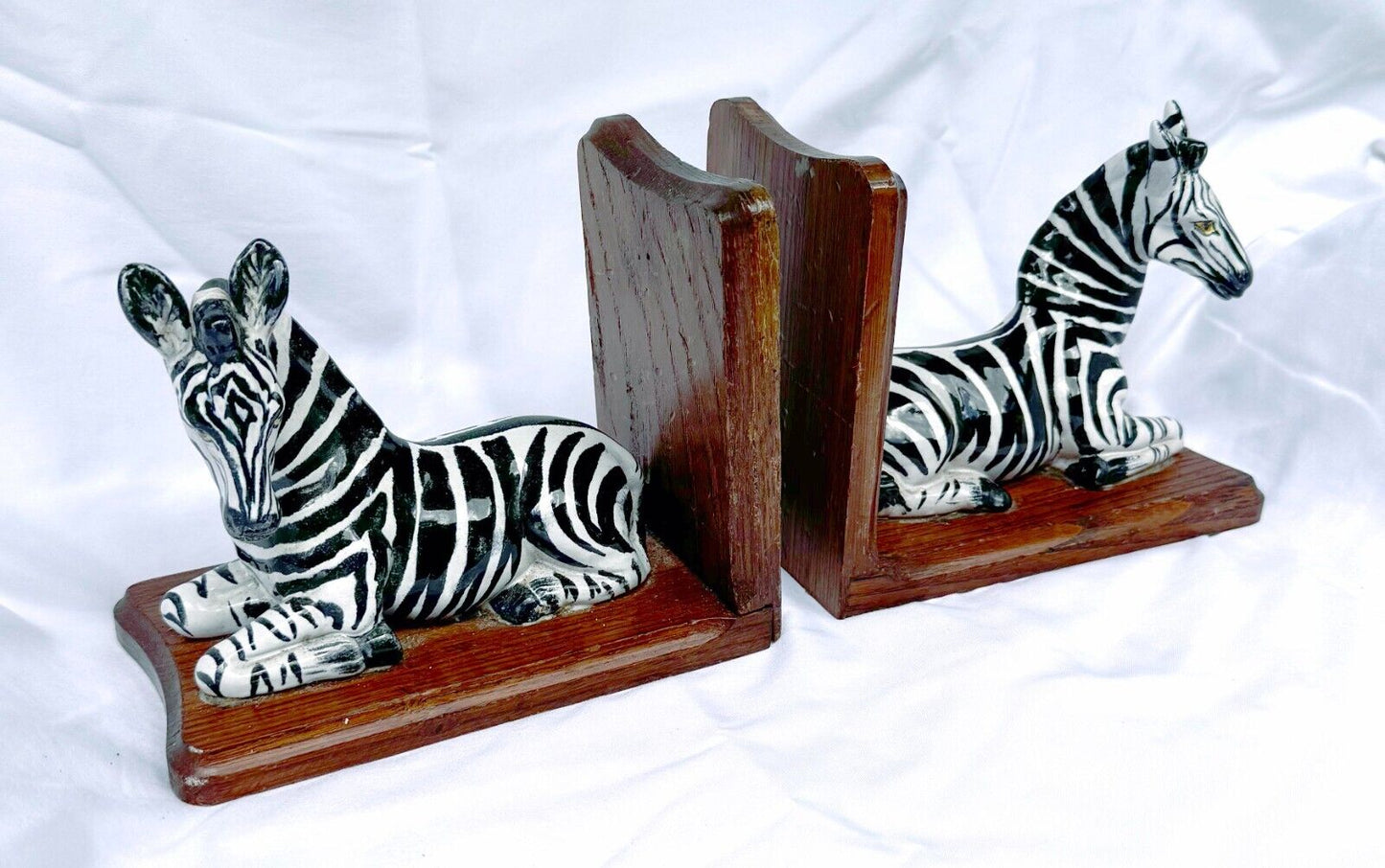 Vintage Hand-Painted Ceramic & Wood Zebra Bookends (SmM)