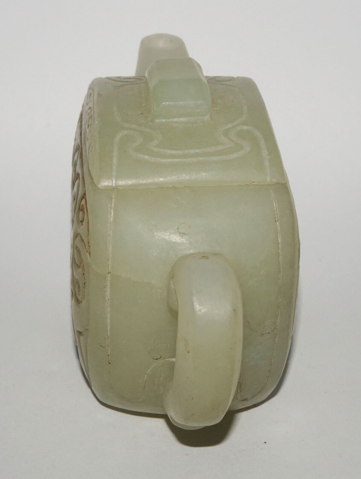 Vintage Chinese Nephrite Jade Carved Tea Pot w Incised Curvilinear Motifs (LeS)