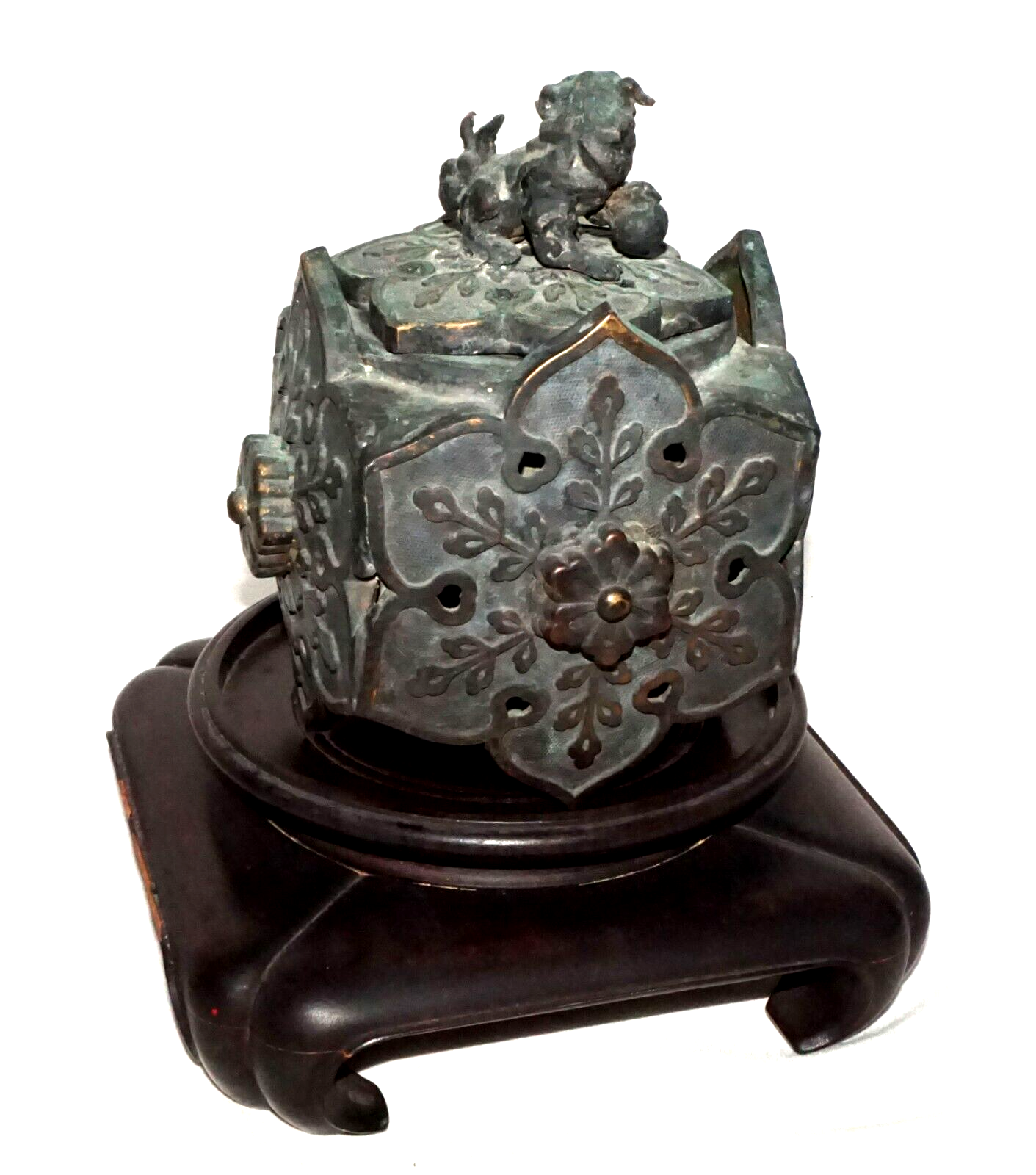 Chinese Bronze Flower Motif Incense Burner w. Foo Dog Finial on Base (WiR)