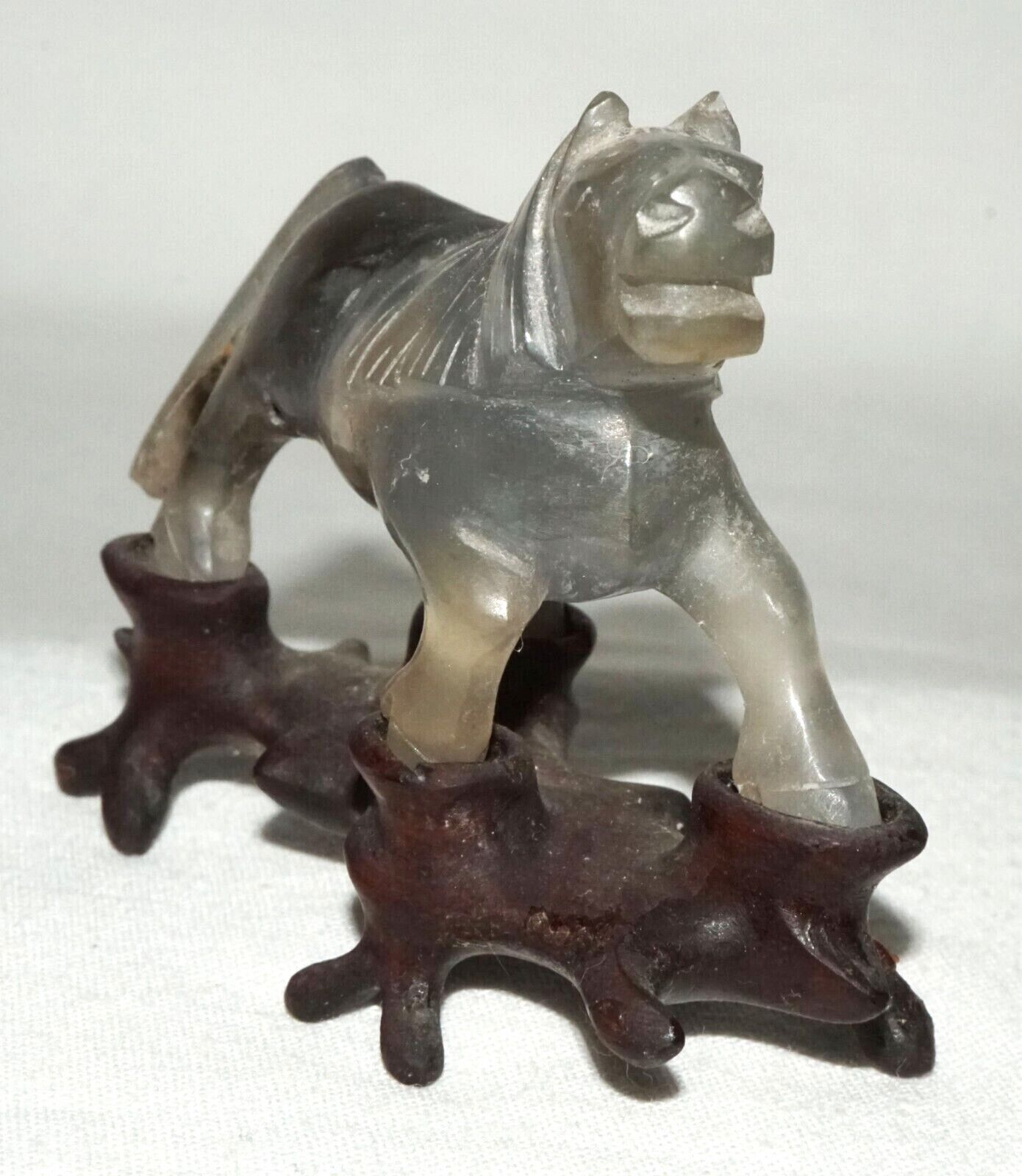 Vintage Chinese Gray & Purple Fluorite Carving Frolicking Horse on Stand (FeH)