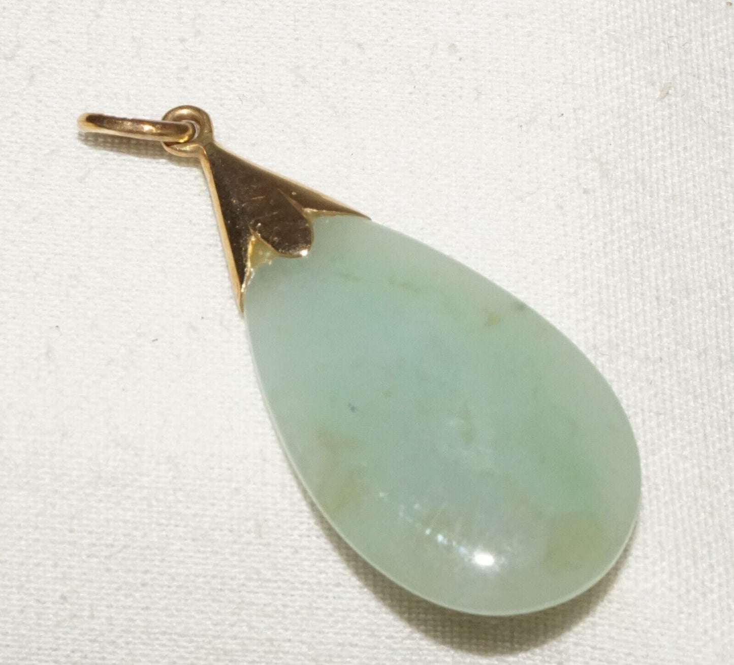 Vintage Chinese 14k Yellow Gold set Green jadeite Jade Drop Pendant (InS)L6