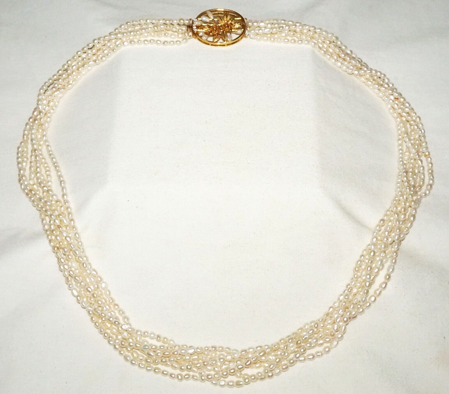 Vtg. 7x Strand Mini Baroque Pearl Necklace w. Gold Plated Floral Clasp (GoB) #20