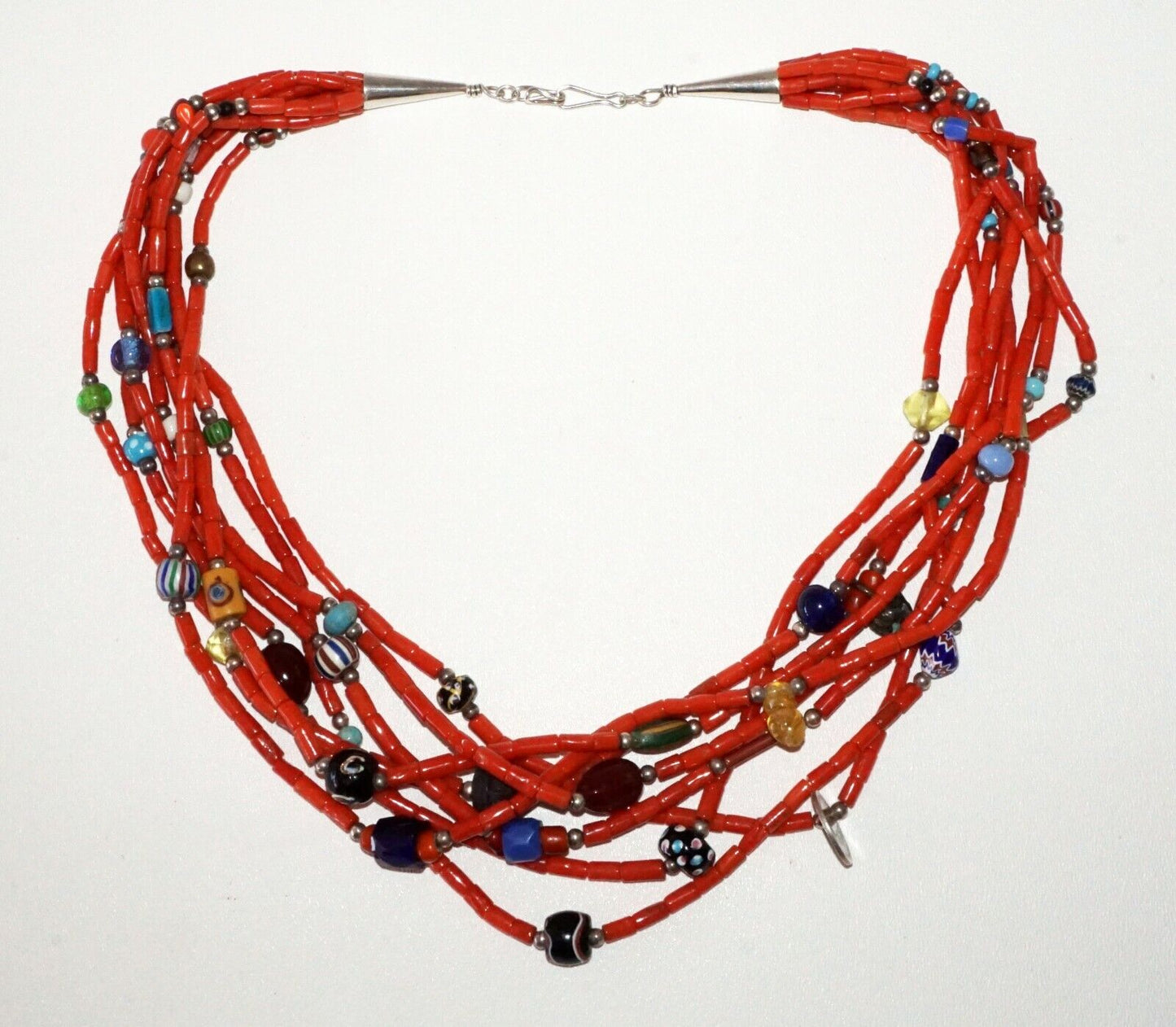 US Aboriginal Natural Fiber 8xStrand Red & Glass Trade Bead Necklace (RgR)