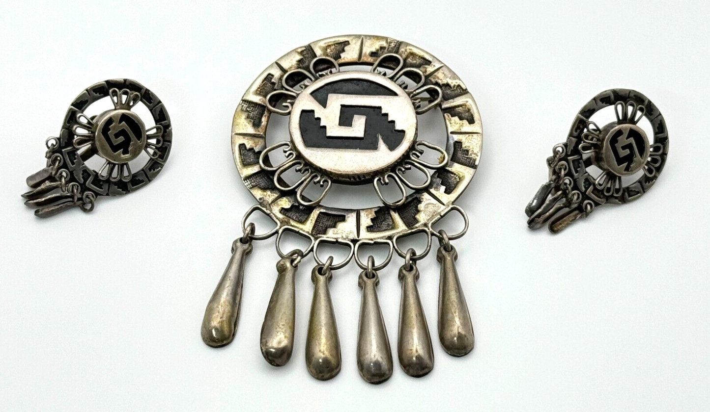 1950s Mexican Sterling Silver Pin & Non-Pierce Earrings Aztec Design (MiM)