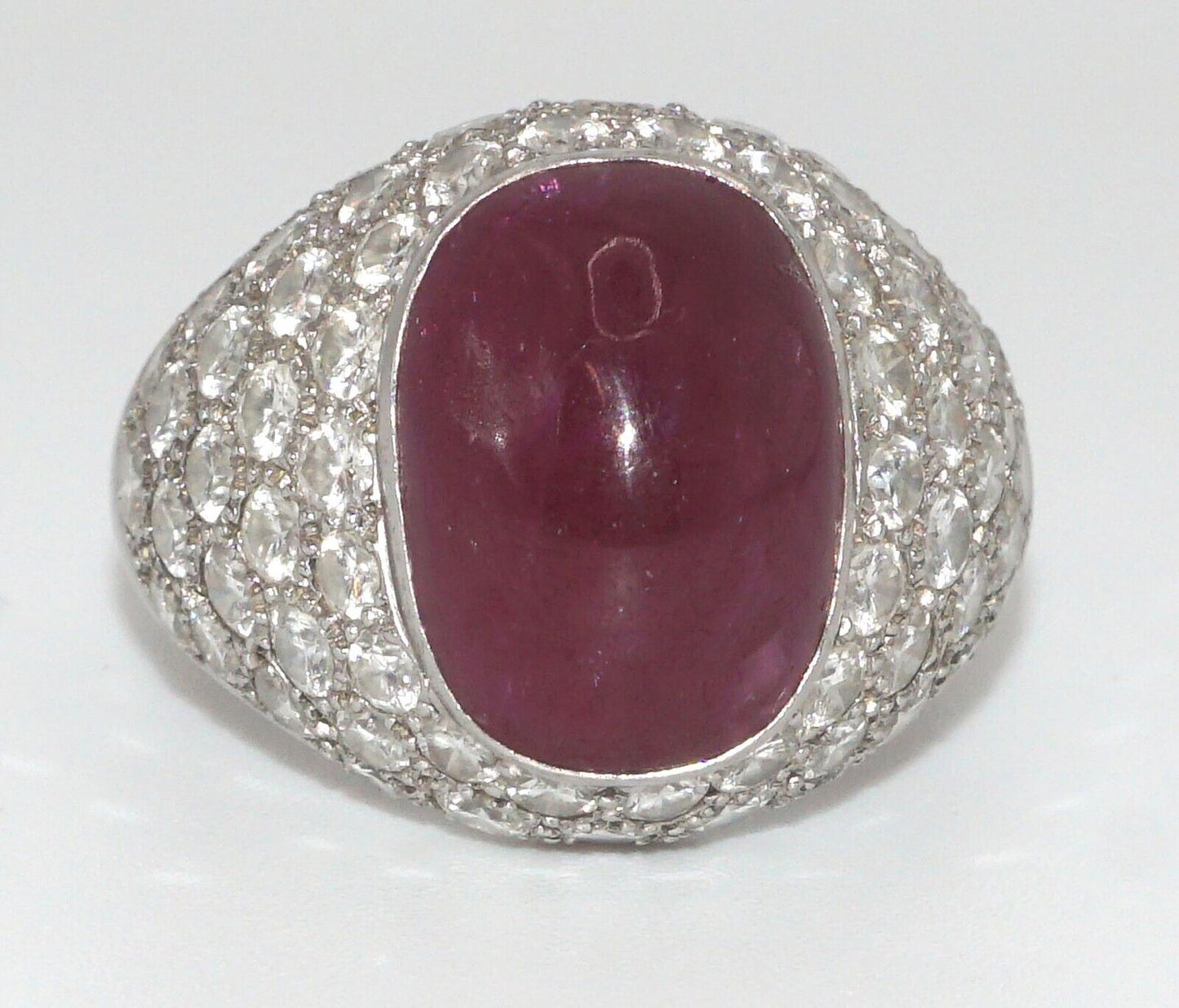 Vintage Platinum Ring w Ruby Cabochon & Diamond Pave-Set Dome Sz. 9 1/2 (LeD)