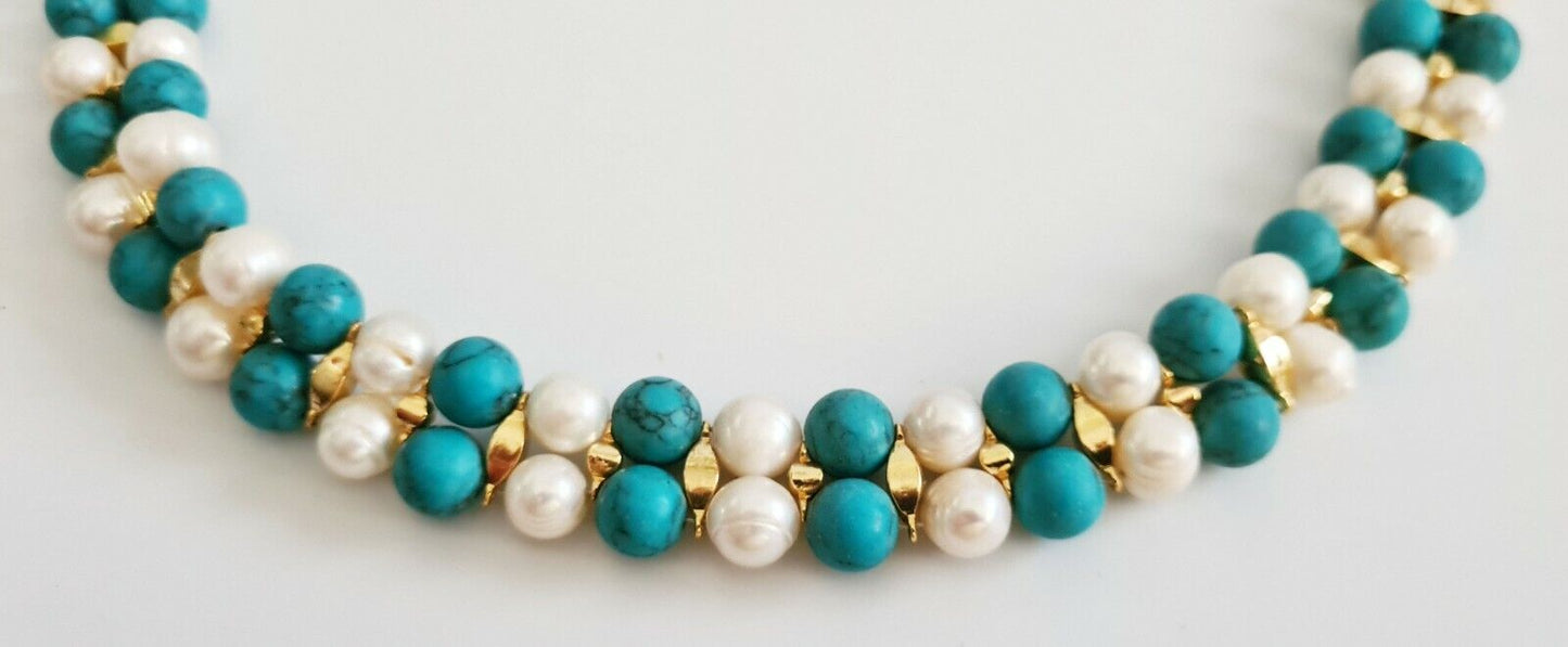 Vintage Turquoise Bead & Pearl Double Strand Choker Necklace w. G.P. Clasp (PaB)