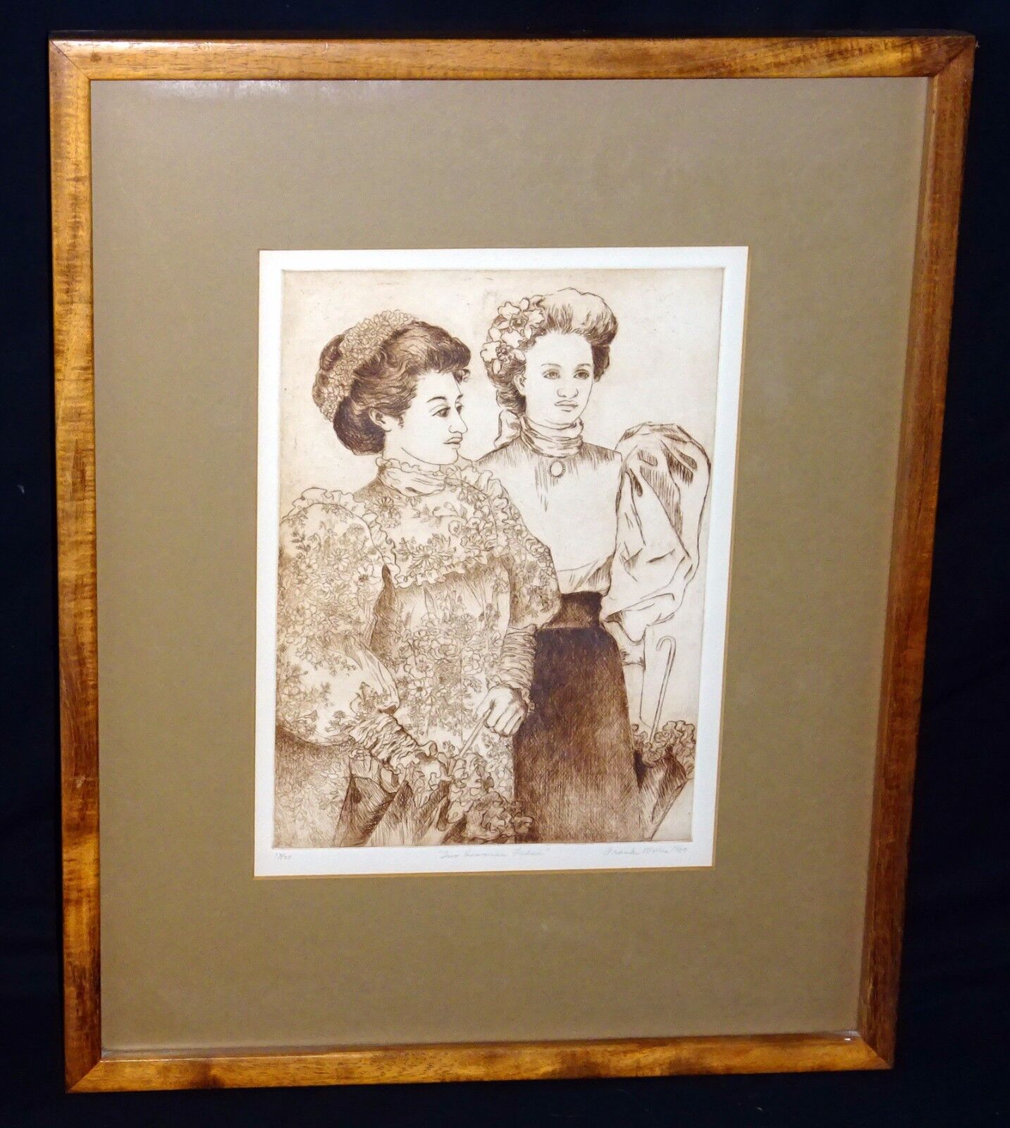 '80 Hawaii Sepia Etching Print 10/175 Two Hawaiian Ladies by Franki Morris (Wil