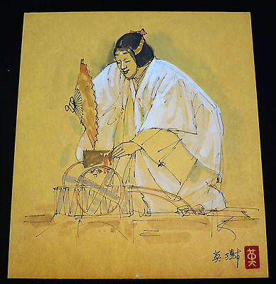 1970s JAPANESE INK & WC PAINTINGS "NOH PLAY ACTOR" by HIDEKI HANABUSA (ree)