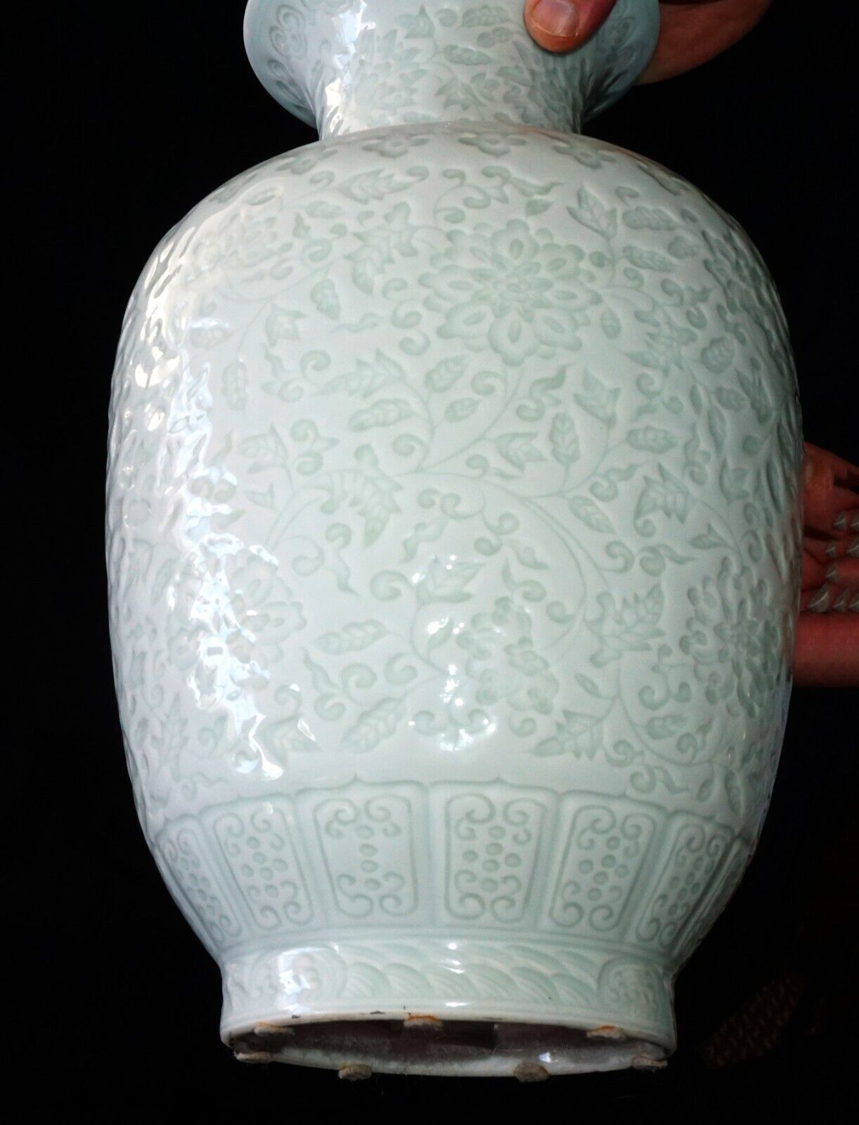 Chinese Molded Celadon Vase w Flared Rim & Floral Relief Motif & Qianlong (HiC)