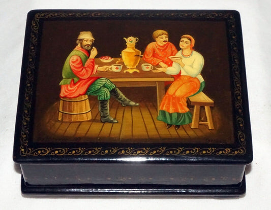 Vintage Russian Lacquer Box Three Figures Seated Around a Table signed (AHB)