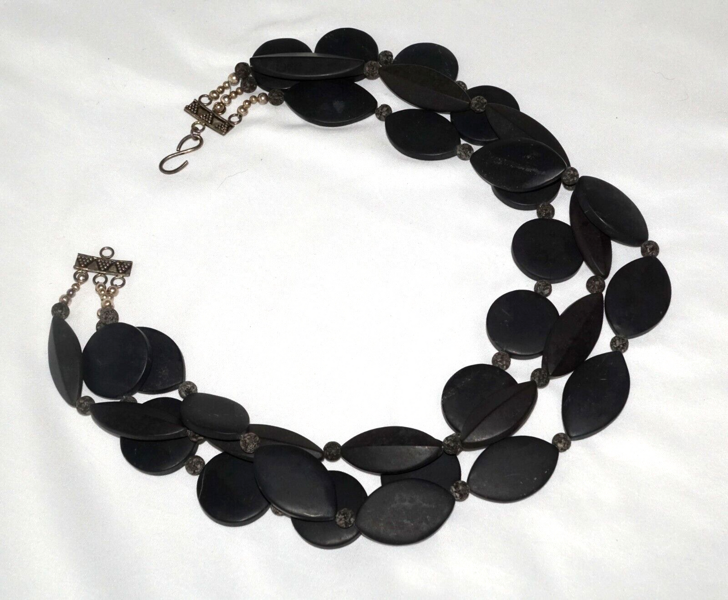 Triple Strand Black Hard Stone Bead Necklace w Silver-Tone Clasp (MaM)16