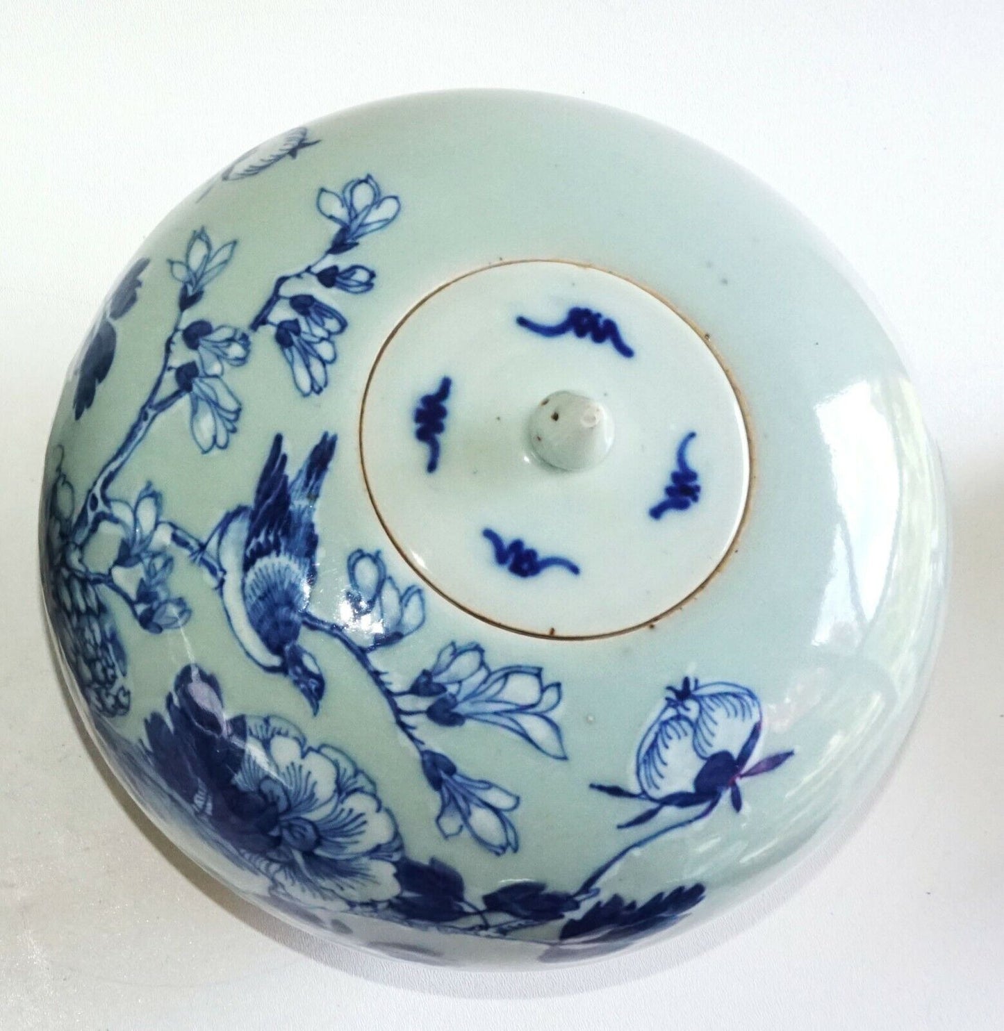 1900 Chinese Ginger Jar w. Blue & White Birds on Flowering Branches Motif (AHB)