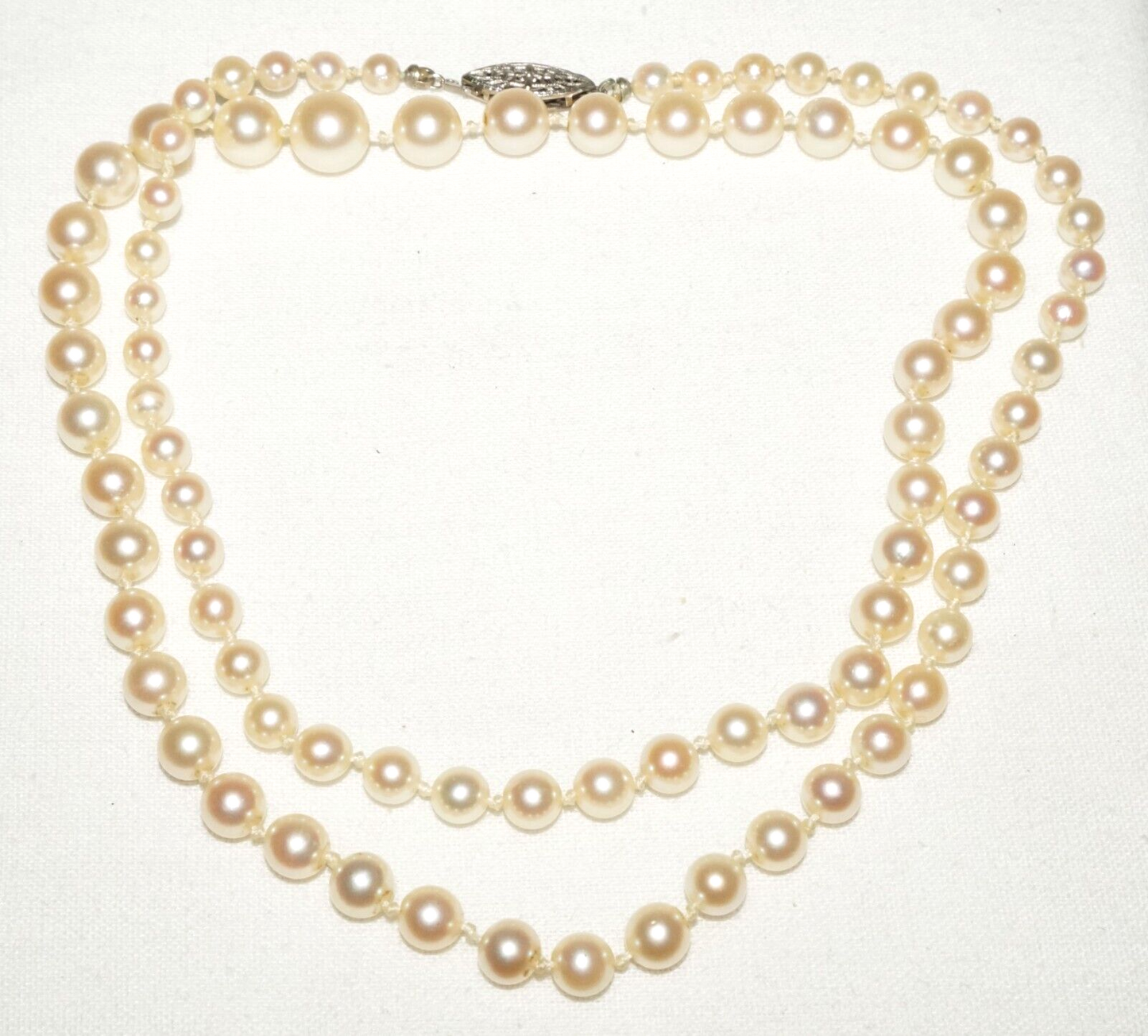 Vintage Graduated Pearl Necklace 23" w. 14k White Gold Filigree Clasp (KoS) L15