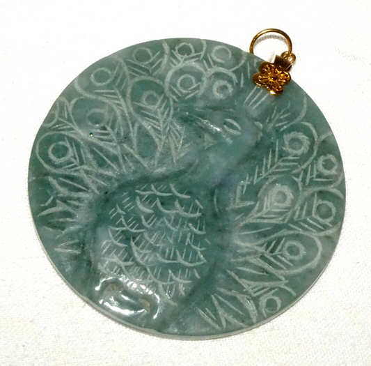 Vintage Chinese Blue Green Jade Disk pendant w. Peacock Motif (InS)#L4