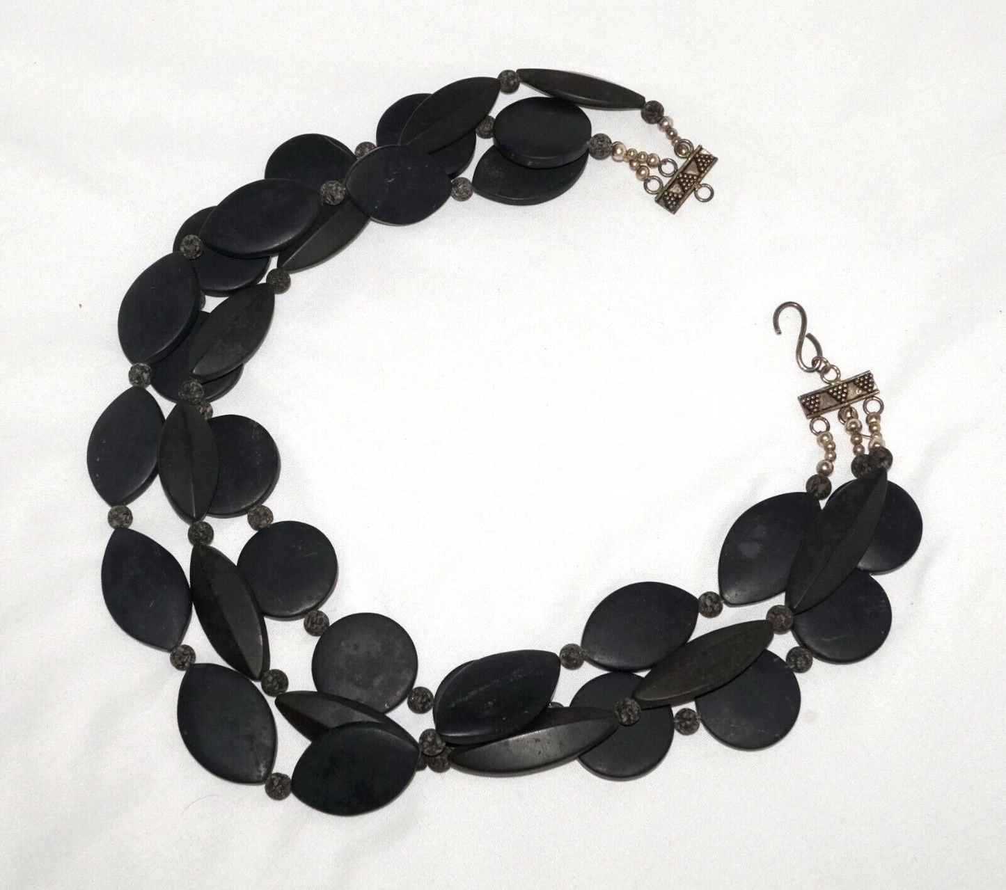 Triple Strand Black Hard Stone Bead Necklace w Silver-Tone Clasp (MaM)16