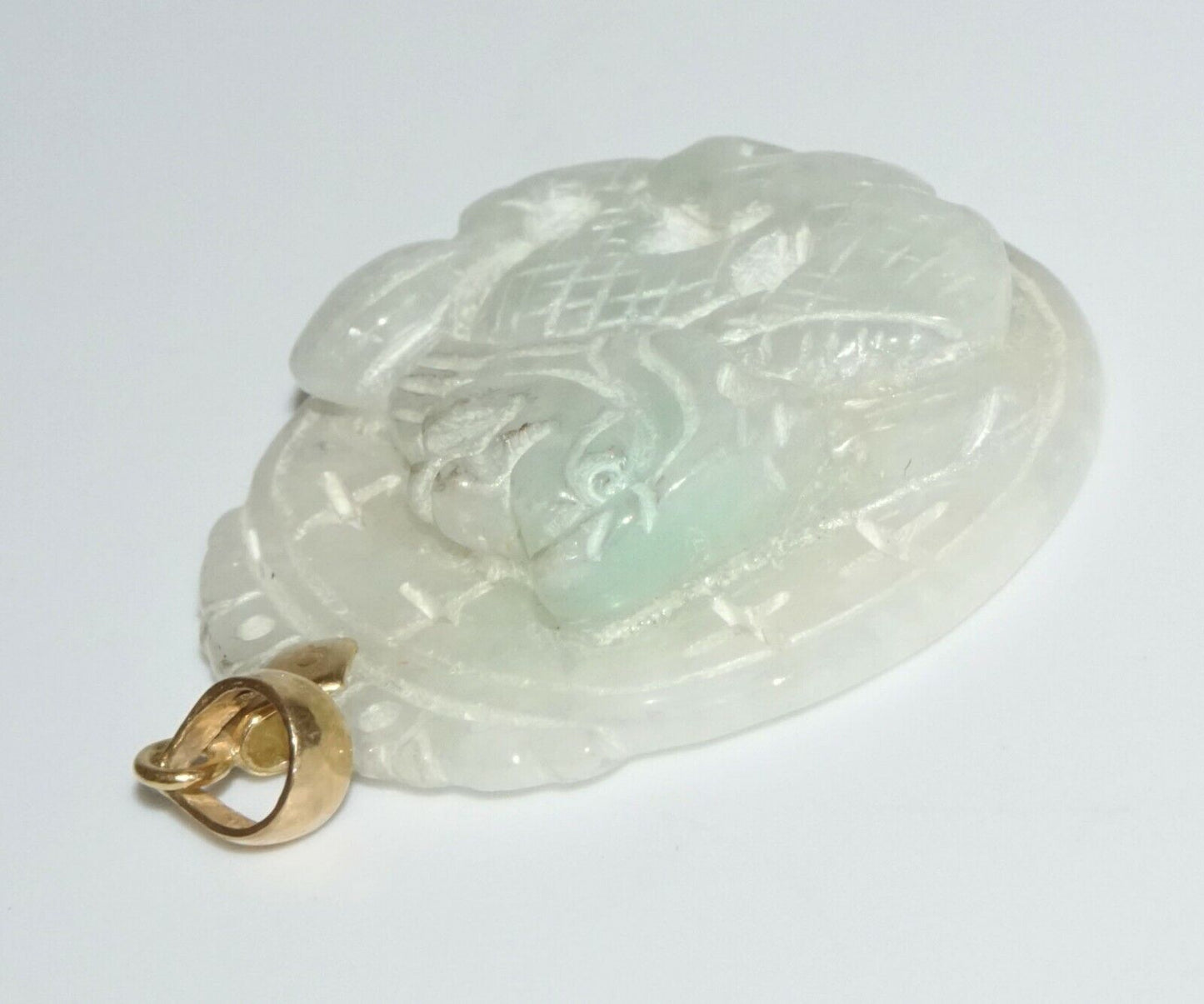 Chinese White & Green Pierced Jadeite Jade Dragon Motif Plaque Pendant (SaR)#289