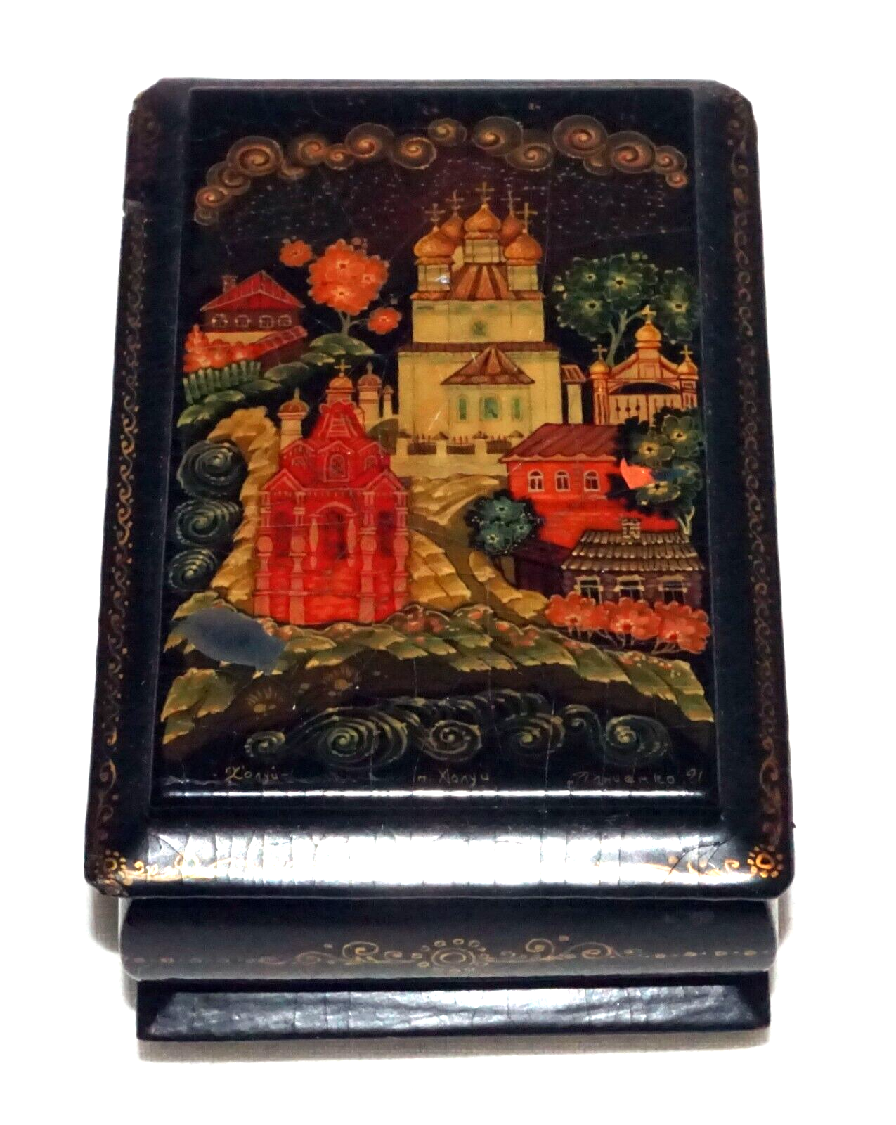 Vintage Russian Lacquer Box Church & Village Motif signed (AHB