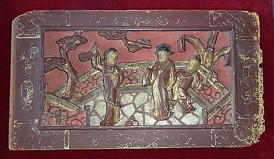 2x 19CT Chinese Framed Carved Red Panels of Scenes w. Figures in Gilt (Gem)