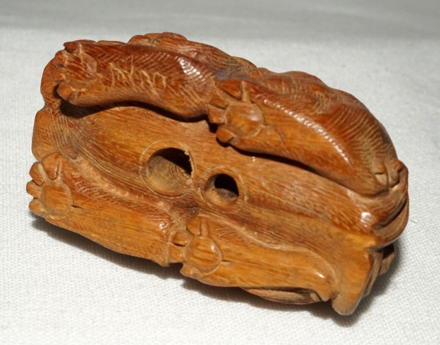 Vintage Japanese Wooden Carved Netsukes Squatting Lion Dog signed (FeH