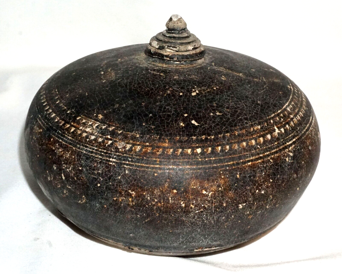 12C Antique Cambodian Khmer Brown Glaze Stoneware Covered Pot or Jar (JSt) 33