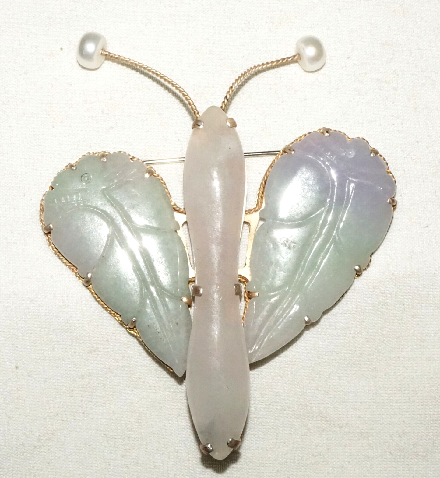 Vintage Chinese Large Butterfly Brooch Pendant w. 3x Lavender Jade Accents (LeP)