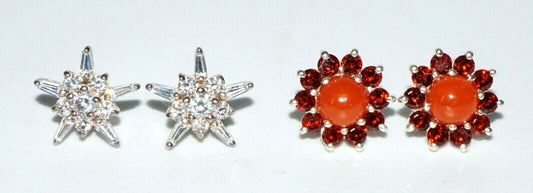 2xPair Sterling Silver Stud Earrings Star w. Cz's & Carnelian & Garnets(SaR)#344