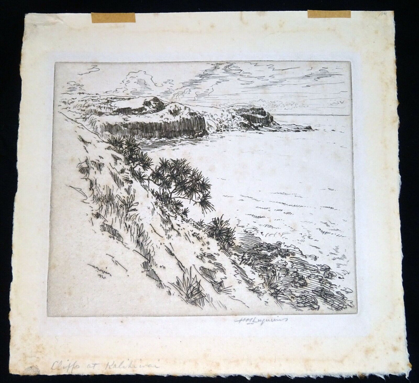 1920 Hawaii Etching Print "Cliffs at Kalihiwai, Kauai" by Huc M. Luquiens (ThB)