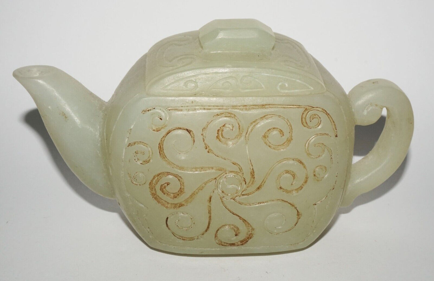 Vintage Chinese Nephrite Jade Carved Tea Pot w Incised Curvilinear Motifs (LeS)