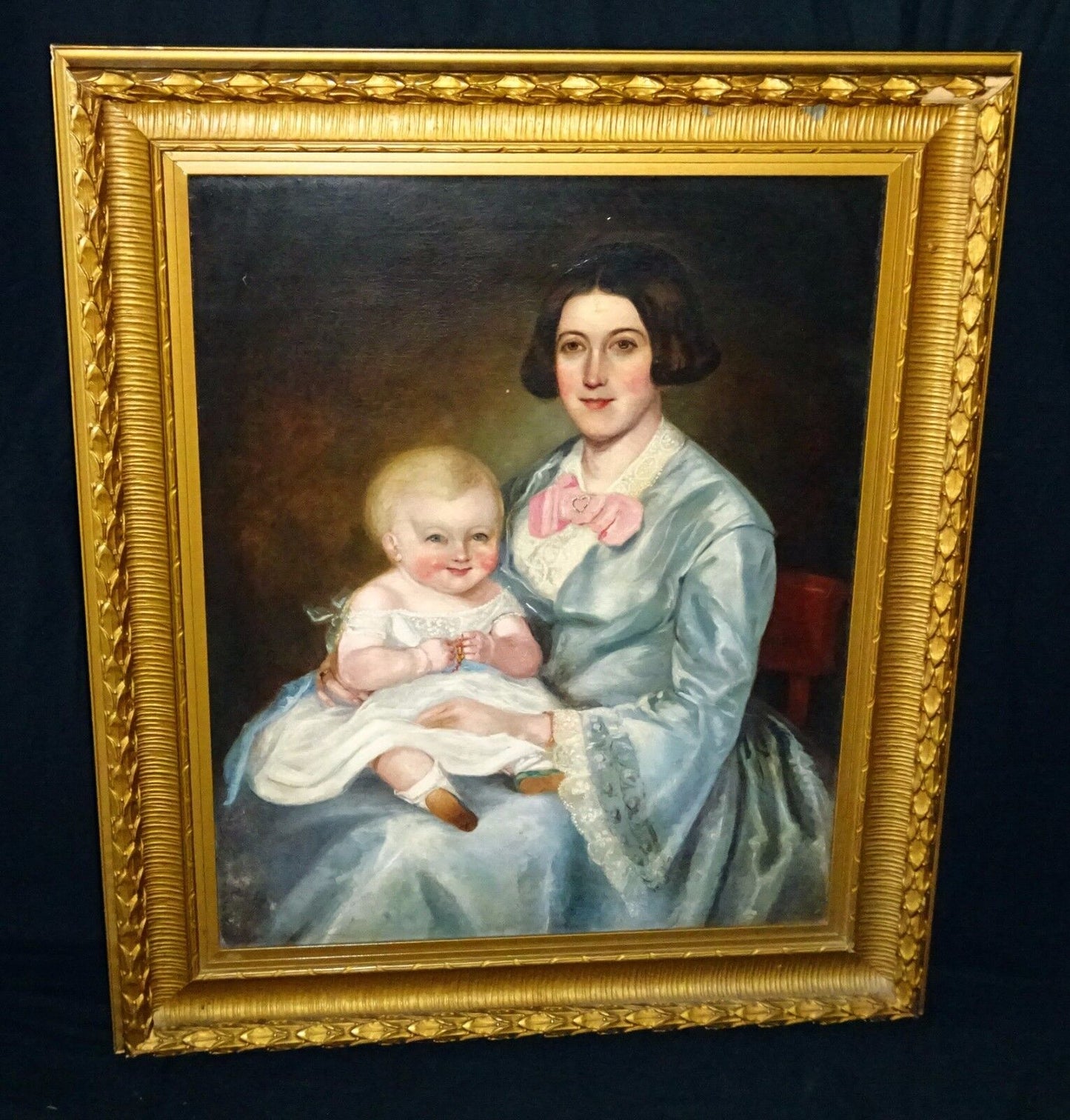 19C Canadian Folk Oil Painting Mother & Baby attrib Robert Whale (1805-87) (Sto)