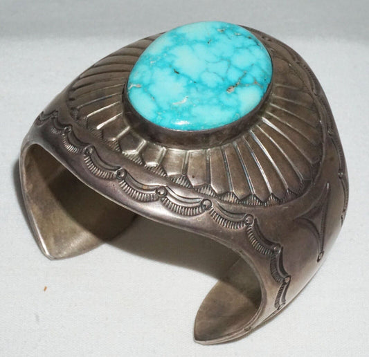 Vintage Navajo Heavy Sterling Silver Bracelet w. Turquoise Harvey Mace (GeB)#17