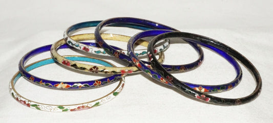 7Pc Vintage Chinese Multicolor Cloisonne Bangle Bracelet Lot w. Floral (LeS)L25