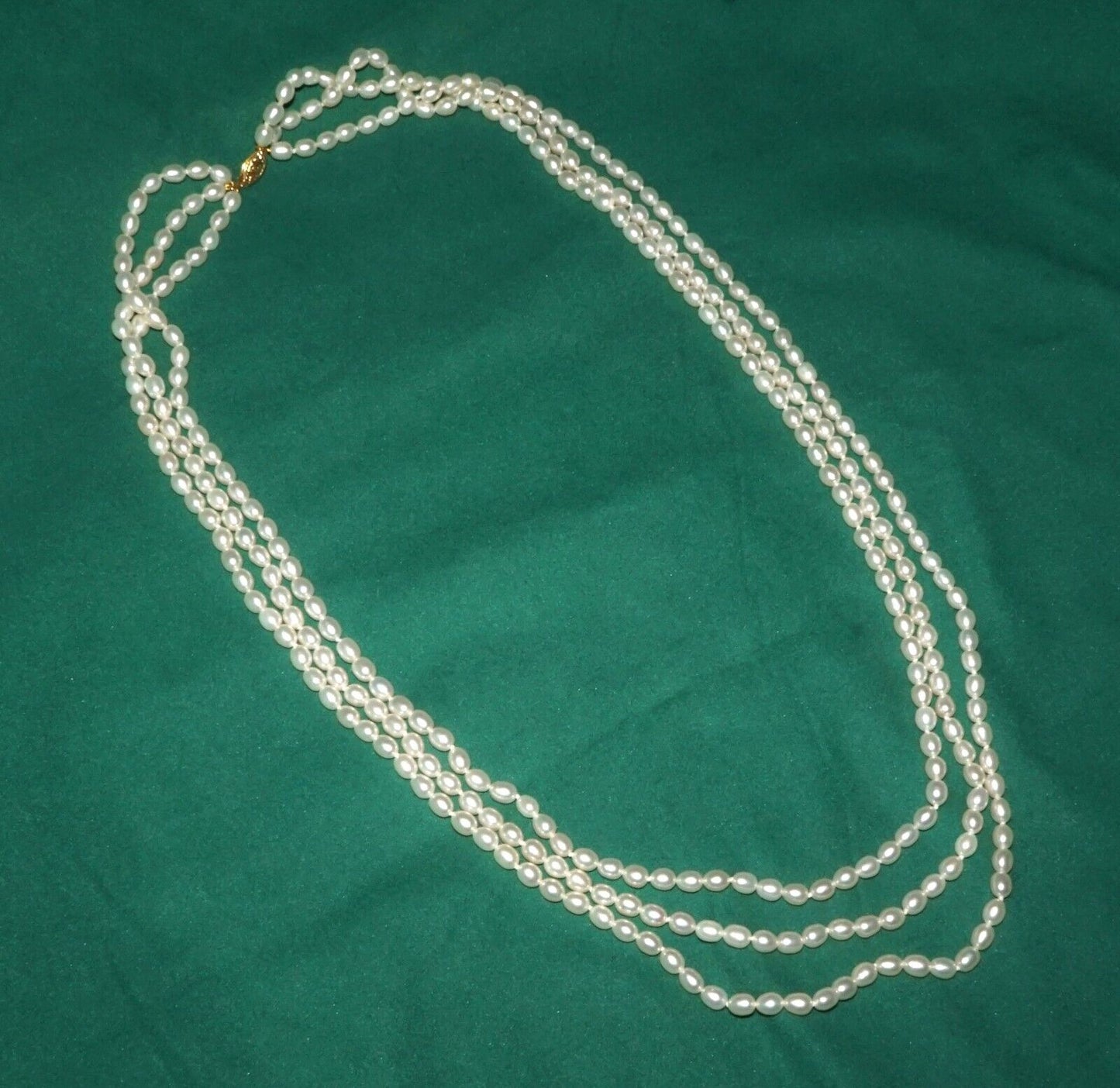 Vintage Triple Strand Oval Freshwater Pearl 26" Necklace w 18k Gold Clasp (AHB)